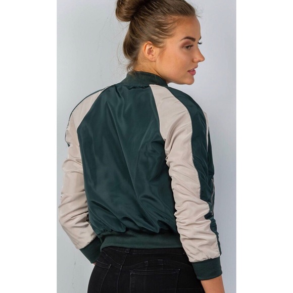 Hunter Green Stripe-Sleeve Bomber - Picture 6 of 7
